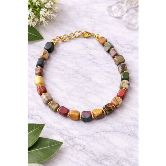 BRANSOLETKA Z KAMIENI NATURALNYCH – JASPIS W ODCIENIACH ZIEMI | ZŁOTE AKCENTY | HANDMADE